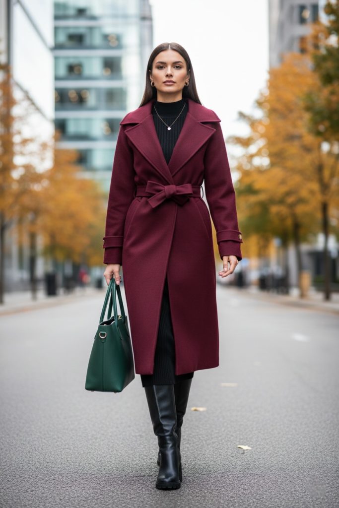 bordowy płaszcz damski z paskiem