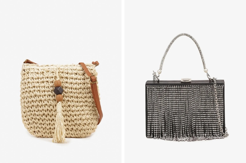 torebka koszyk z frędzlem i kopertówka z frędzlami z cyrkonii